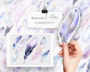 Watercolor Purple and Gold Feathers Clipart