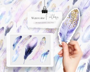 Purple Watercolor Feathers Clipart