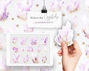 Lilac Watercolor Crystals Clipart