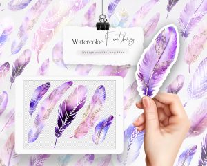 Purple Gold Watercolor Feathers Clipart