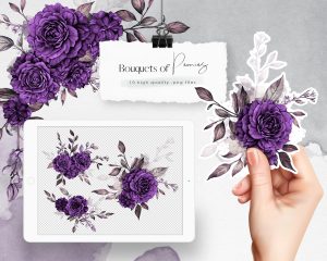 Deep Purple Bouquets of Peonies Clipart