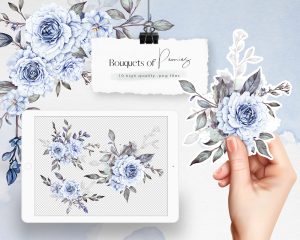 Light Blue Bouquets of Peonies Clipart
