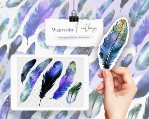 Watercolor Feathers with Glitters Clipart