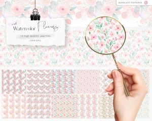 Soft Pink Watercolor Flowers Seamless Patterns