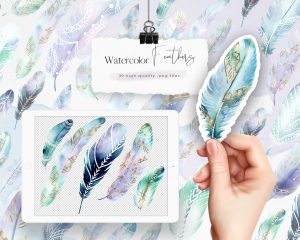 Mint Watercolor Feathers Clipart