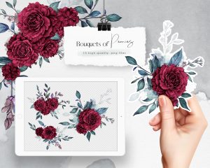 Burgundy Bouquets Of Peonies Clipart