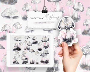 Grey and Pink Watercolor Mushrooms Clipart