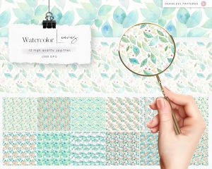 Light Green Watercolor Leaves Seamless Patterns