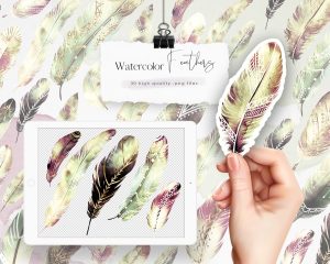 Metallic Watercolor Feathers Clipart