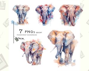 Elephants Watercolor Clipart Set