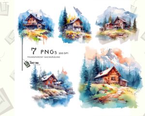 Mountains Cabin Watercolor Clipart Set