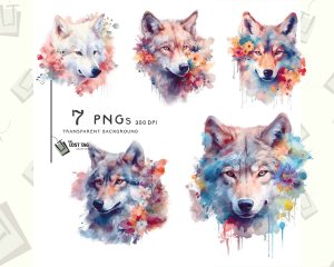 Watercolor Flower Wolf Clip Art Set