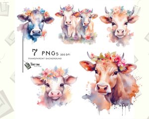 Flower Cows Watercolor Clipart Set