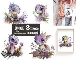 Baby Dragon Purple Clipart Set