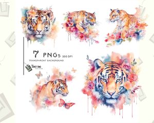 Tiger Floral Watercolor Clipart Set