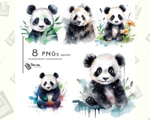 Panda Watercolor Clipart Set