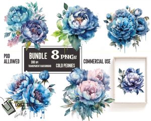 Blue Peonies Bouquets Floral Clipart Set