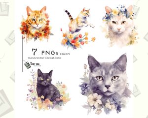 Watercolor Cats Clipart Set