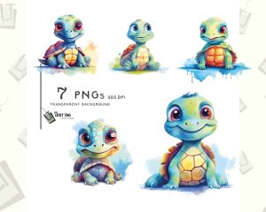 Cute Turtle Watercolor Clipart Set