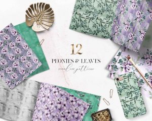 Purple Peonies And Leaves Seamless Patterns