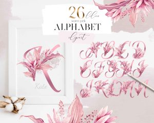 Warm Pink Lilies Alphabet Clipart
